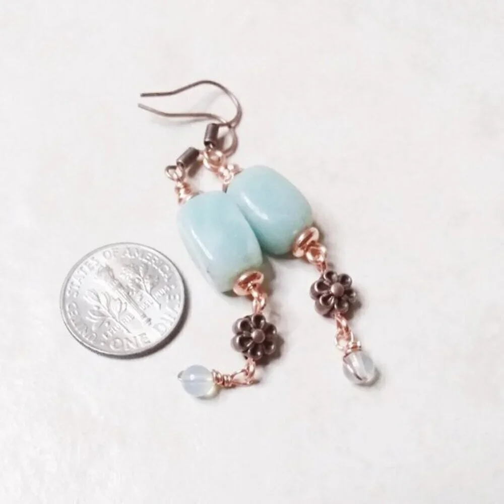 Lightweight Green Aventurine & Copper Blossoms Dangle Earrings! Prosperity +Luck